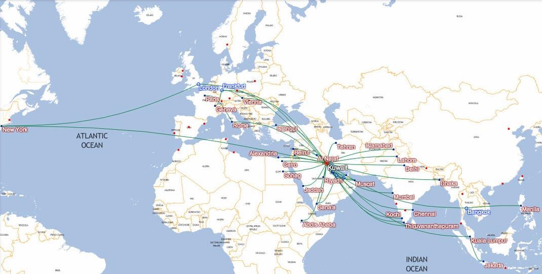 mapa kuwait airways destinací
